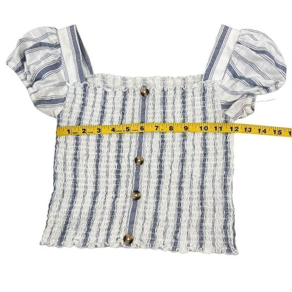 Mudd Womens Striped Button Front Smocked Puff Sleeve Top White Blue Size Small - Picture 13 of 14